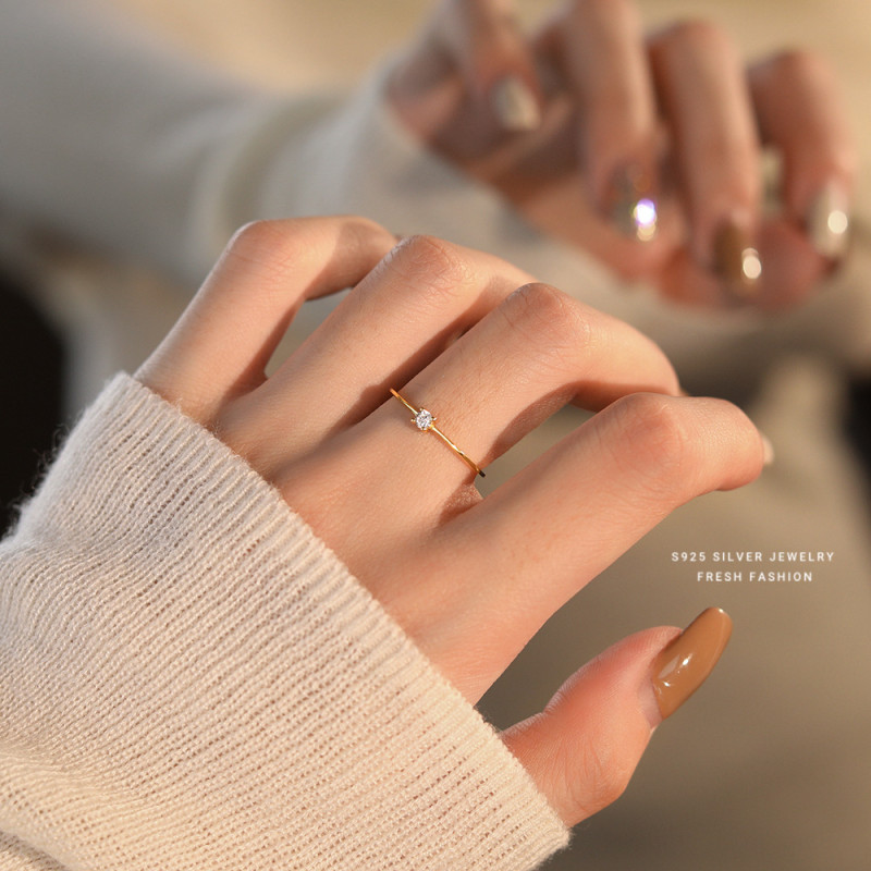 S925 Sterling Silver Gold White Zircon Ring for Women Simple Fashion Design Fresh Style Open Ring Wholesale