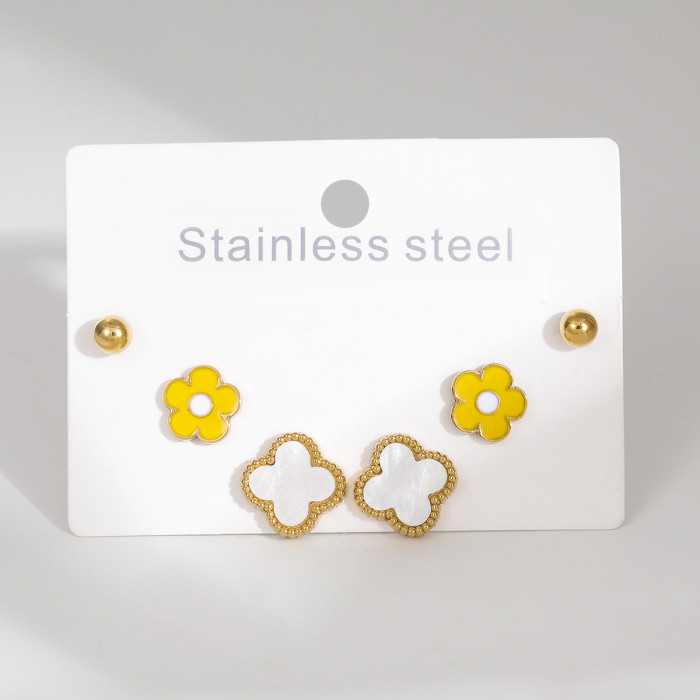 Stainless Steel Earring Set Four-Leaf Clover Oil Drop Butterfly Heart Diamond-Studded Earrings Light Luxury High-End Non-Fading Earrings