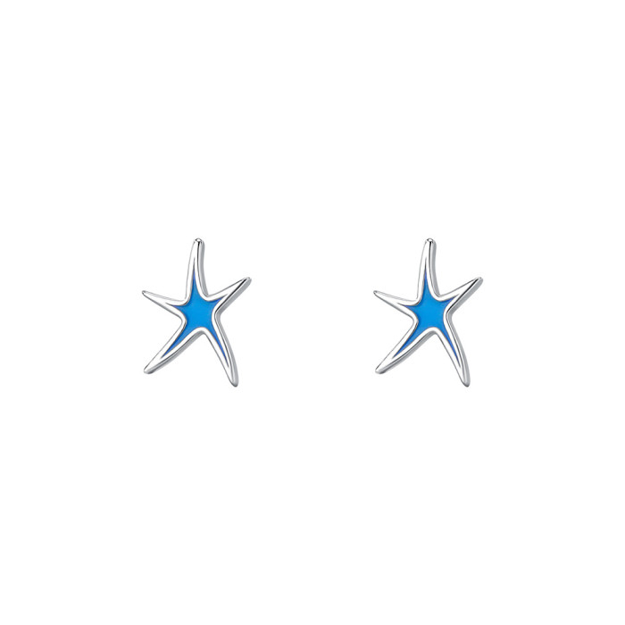 Blue Series Fresh Iris Flower Earrings for Women S999 Sterling Silver Korean Fashion Zircon Star Earrings Eight-Pointed Star