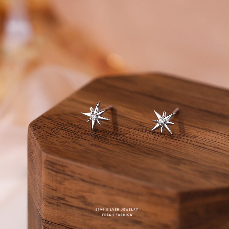 S999 Pure Silver Zircon Eight-Pointed Star Earrings for Women, Light Luxury, High-End, Versatile, Elegant, Niche, Unique, Geometric, Symmetrical Ear Jewelry