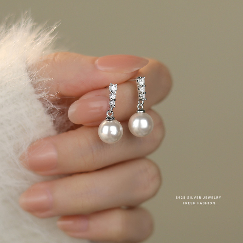 French Style Ultra Shiny Diamond-Studded Round Bead Earrings for Women S925 Sterling Silver Light Luxury High-End Versatile Elegant Stud Earrings Fashion Jewelry