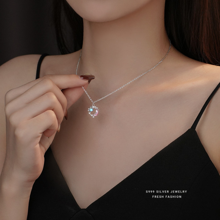 S999 Pure Silver Moon Necklace for Women, Niche Fashionable Elegant Collarbone Chain, Autumn Winter High-Quality Jewelry, Wholesale Birthday Gift