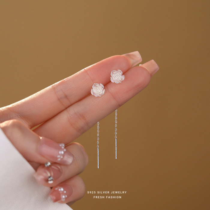 Iridescent White Rose Flower Ear Thread Female S925 Sterling Silver Light Luxury High Sense Sweet Tassel Stud Earrings Elegant Ear Jewelry Dropshipping