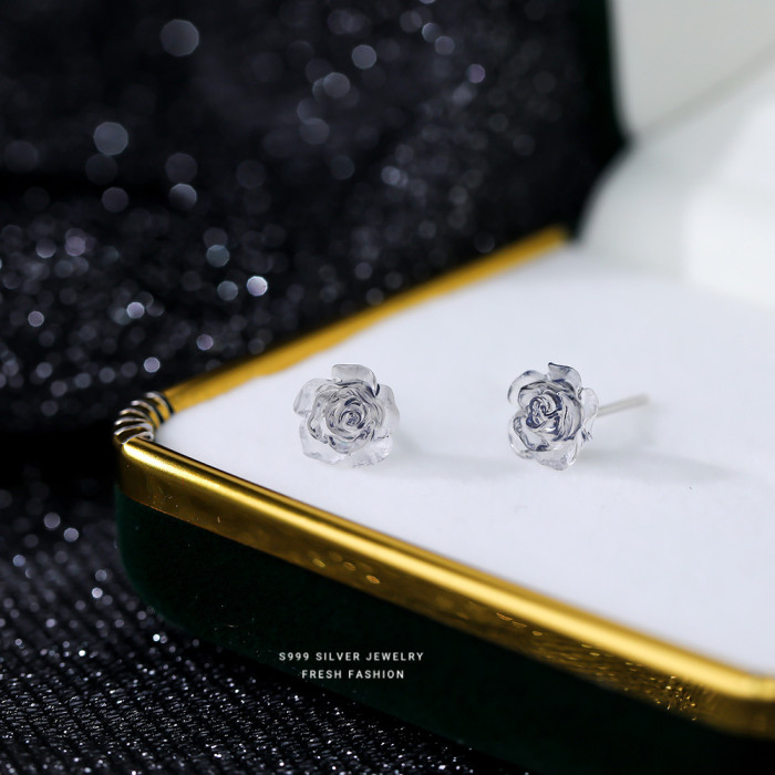 New Arrival S999 Pure Silver Iridescent Cool Rose Stud Earrings Simple French Retro Elegant Sweet Niche Earrings