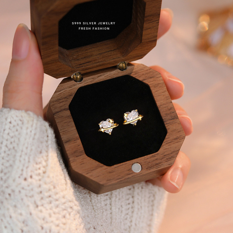 S999 Pure Silver Heart Zircon Surrounding Meteor Earrings for Women, Forest Style Sweet Temperament Cute INS Style Niche Earrings