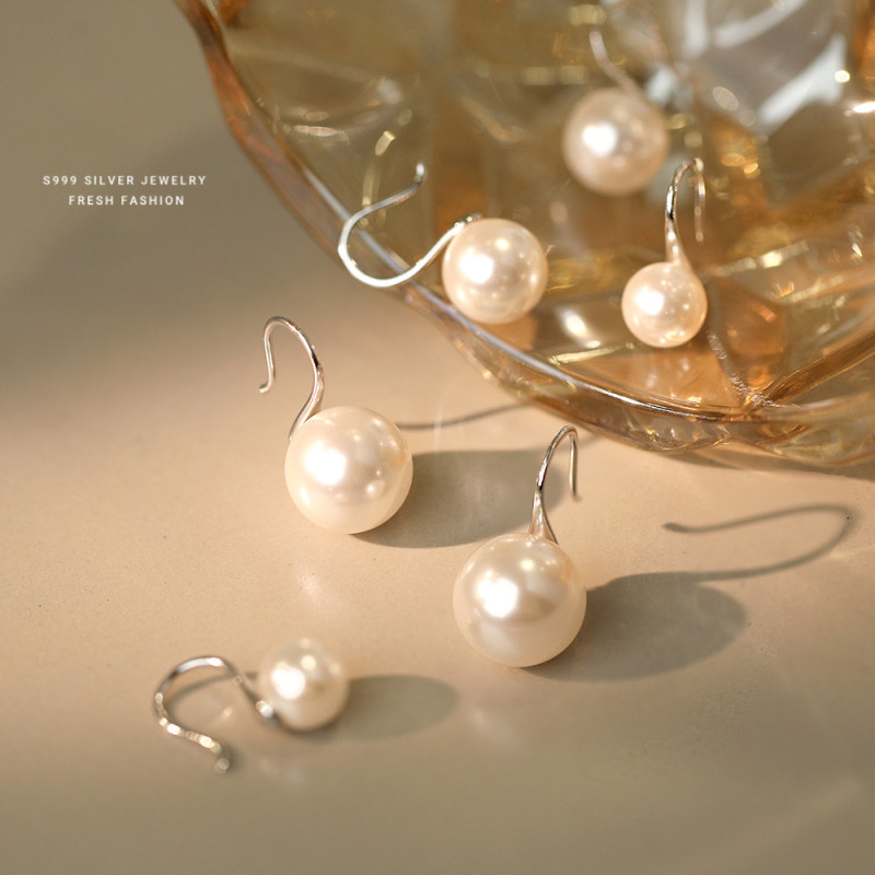 Women's Korean-Style Pearl High Heel Stud Earrings S999 Sterling Silver Fashionable High-End Ear Hook All-Match Pure Silver Earrings Light Luxury