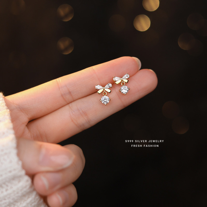 S999 Pure Silver Zircon Bow Stud Earrings Women's Light Luxury High Sense Temperamental Minority French Exquisite Design Earrings
