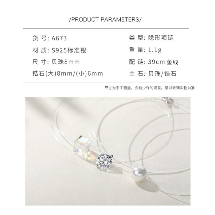 S925 Sterling Silver Moissanite Necklace Transparent Fishing Line Round Bead Zircon Pendant for Women Fresh Collarbone Chain