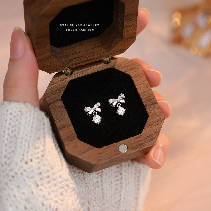 S999 Pure Silver Zircon Bow Stud Earrings Women's Light Luxury High Sense Temperamental Minority French Exquisite Design Earrings