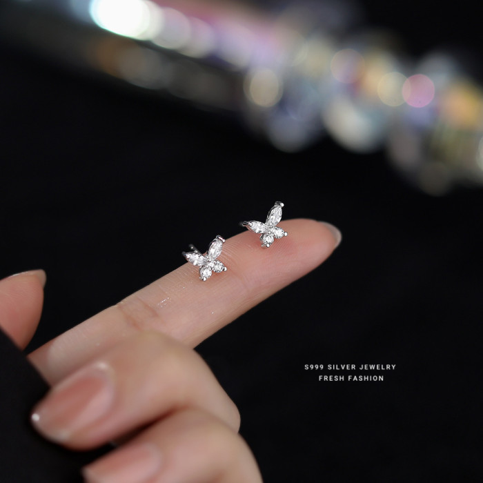 S999 Pure Silver Forest Style Butterfly Zircon Earrings Korean Version Elegant Lady Student Inlaid Diamond Ear Piercing Jewelry for Women Dropshipping