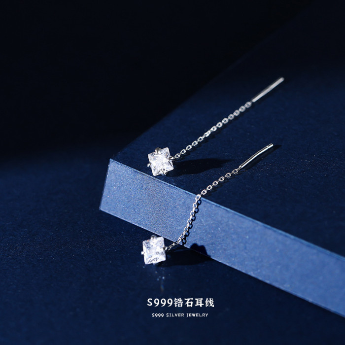 S999 Pure Silver Thread Earrings for Women, Simple Niche Light Luxury Tassel Earrings, Wholesale Ear Jewelry