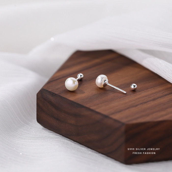 S999 Pure Silver Natural Pearl Earrings for Women Minimalist Luxury Design Versatile Elegant No-Picking Ear Piercing Earrings Wholesale