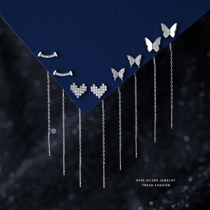S999 Pure Silver Butterfly Heart Smile Ear Thread Elegant Simple Ear Piercing Fresh Commuting Versatile Earrings Wholesale