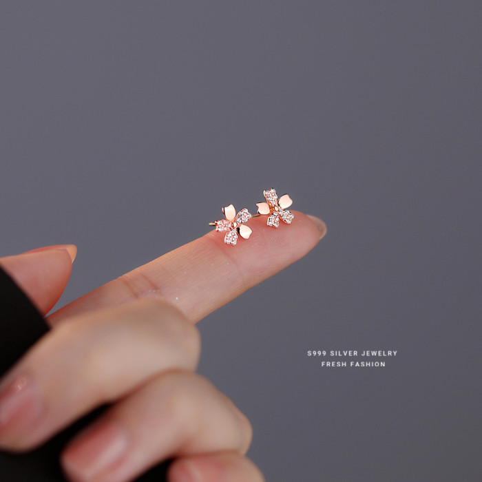 S999 Pure Silver Inlaid Diamond Cherry Blossom Earrings for Women Simple Light Luxury Fresh Sweet Girly Flower Earrings Wholesale