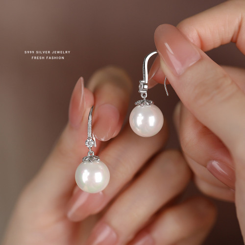 S999 Pure Silver Korean Style Shijia Pearl Zircon Ear Hook Women's Fashion Earrings High-end French Retro Pure Silver Ear Jewelry