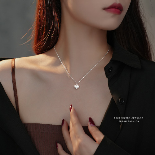 S925 Sterling Silver Brushed Heart Necklace Pendant for Women, Light Luxury Niche Simple High-end Heart-shaped Versatile Clavicle Chain Wholesale