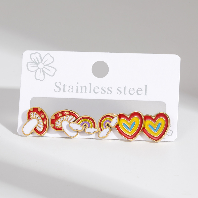 Stainless Steel Earring Set Four-Leaf Clover Oil Drop Butterfly Heart Diamond-Studded Earrings Light Luxury High-End Non-Fading Earrings