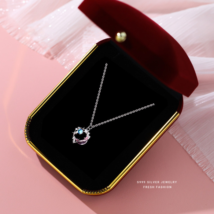 S999 Pure Silver Moon Necklace for Women, Niche Fashionable Elegant Collarbone Chain, Autumn Winter High-Quality Jewelry, Wholesale Birthday Gift