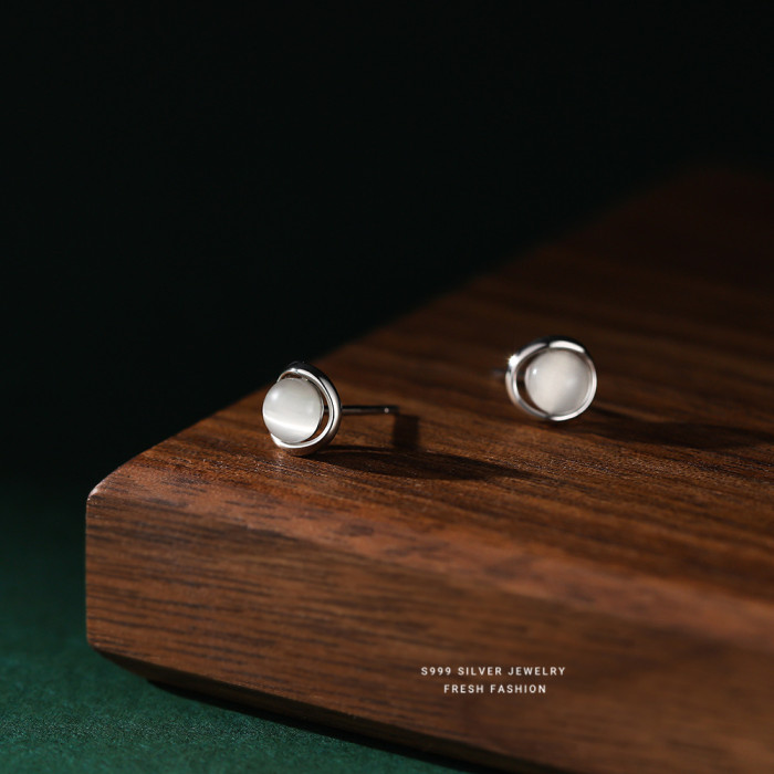 S999 Pure Silver Cat's Eye Stone Earrings for Women Korean Style Light Luxury Elegant Sleep Without Removing Ear Piercing Jewelry Wholesale