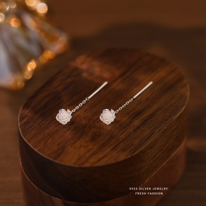 Iridescent White Rose Flower Ear Thread Female S925 Sterling Silver Light Luxury High Sense Sweet Tassel Stud Earrings Elegant Ear Jewelry Dropshipping