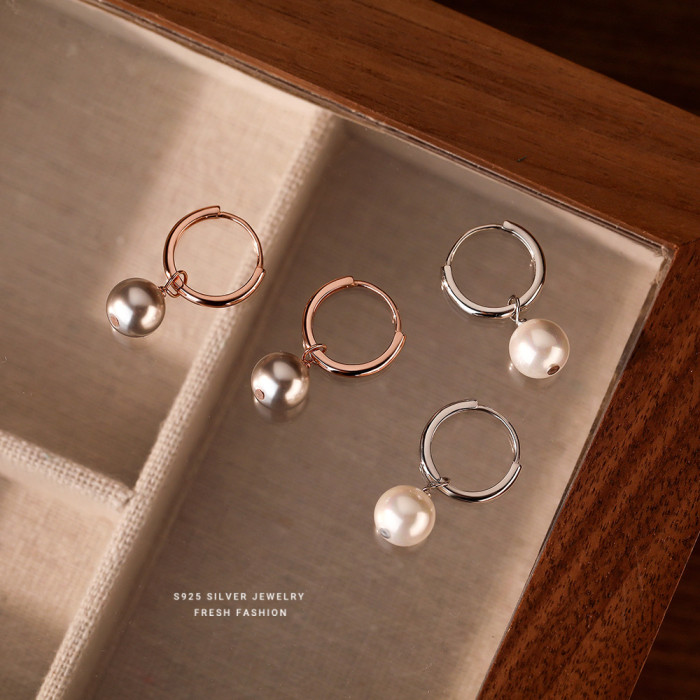 S925 Sterling Silver Round Bead Earrings French Retro Ear Clips for Women Simple Light Luxury High-end Synthetic Pear...