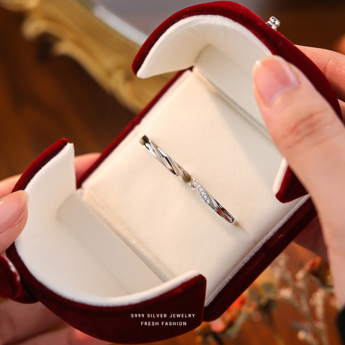 Together in Love River S999 Pure Silver Ring Simple Light Luxury Micro Paved Zircon Solid Silver Couple Rings Valenti...