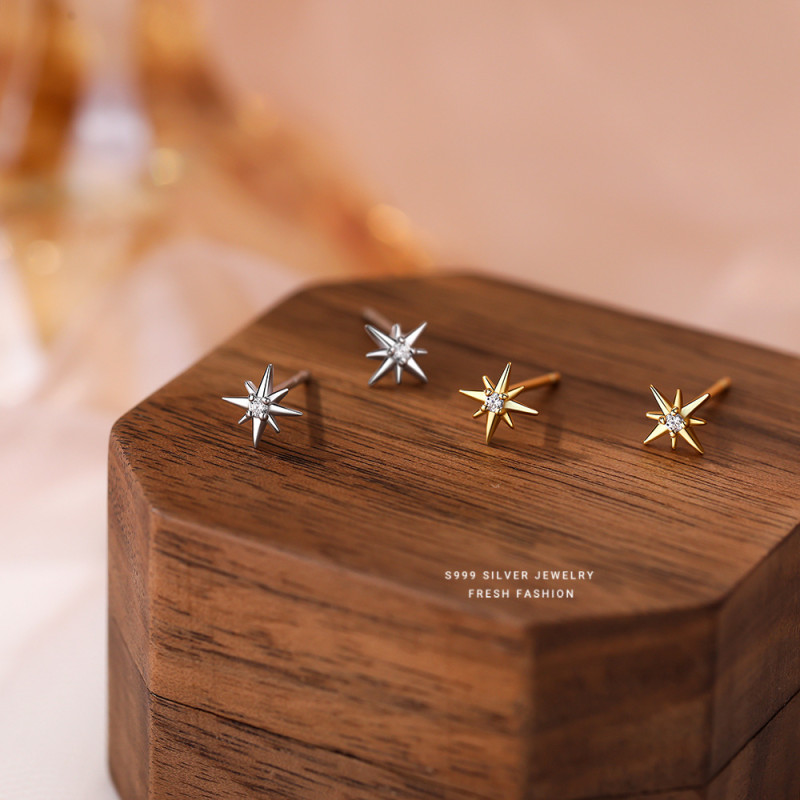 S999 Pure Silver Zircon Eight-Pointed Star Earrings for Women, Light Luxury, High-End, Versatile, Elegant, Niche, Unique, Geometric, Symmetrical Ear Jewelry