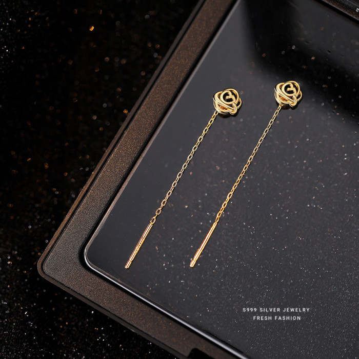 s999 Pure Silver Hollow Rose Tassel Earrings for Women, Light Luxury Elegant French Retro Ear Thread Earrings, Flower Ear Jewelry