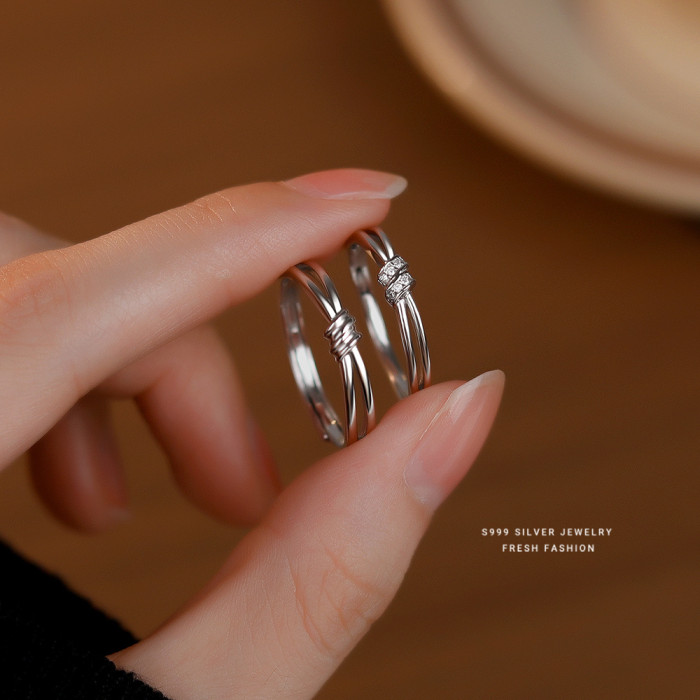 S999 Pure Silver Double Knot Couple Rings Simple High-End Niche Design Thousand Knot Ring Valentine's Day Gift