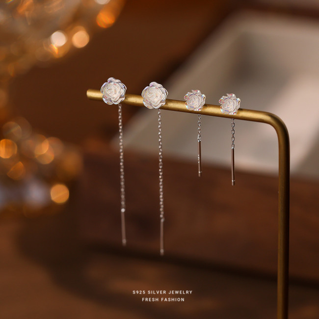 Iridescent White Rose Flower Ear Thread Female S925 Sterling Silver Light Luxury High Sense Sweet Tassel Stud Earrings Elegant Ear Jewelry Dropshipping