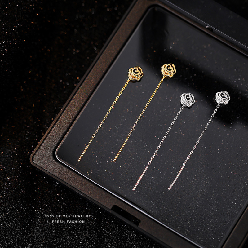s999 Pure Silver Hollow Rose Tassel Earrings for Women, Light Luxury Elegant French Retro Ear Thread Earrings, Flower Ear Jewelry