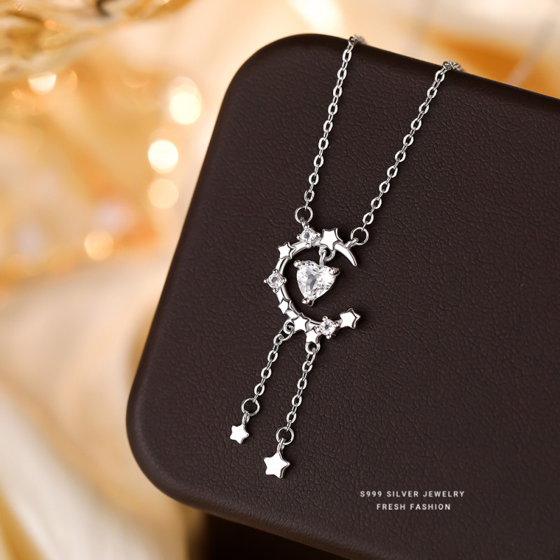 Lover's Moonlight S999 Sterling Silver Heart Moon Star Topaz Necklace Valentine's Day Tassel Fresh Collarbone Chain High-end Feel