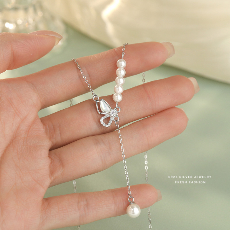 S925 Sterling Silver Shijia Pearl Micro Inlay Butterfly Necklace for Women, Splicing Pearl Tassel Niche Design, Light Luxury Collarbone Chain