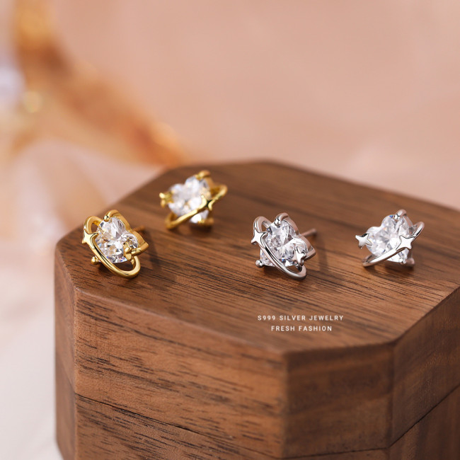 S999 Pure Silver Heart Zircon Surrounding Meteor Earrings for Women, Forest Style Sweet Temperament Cute INS Style Niche Earrings