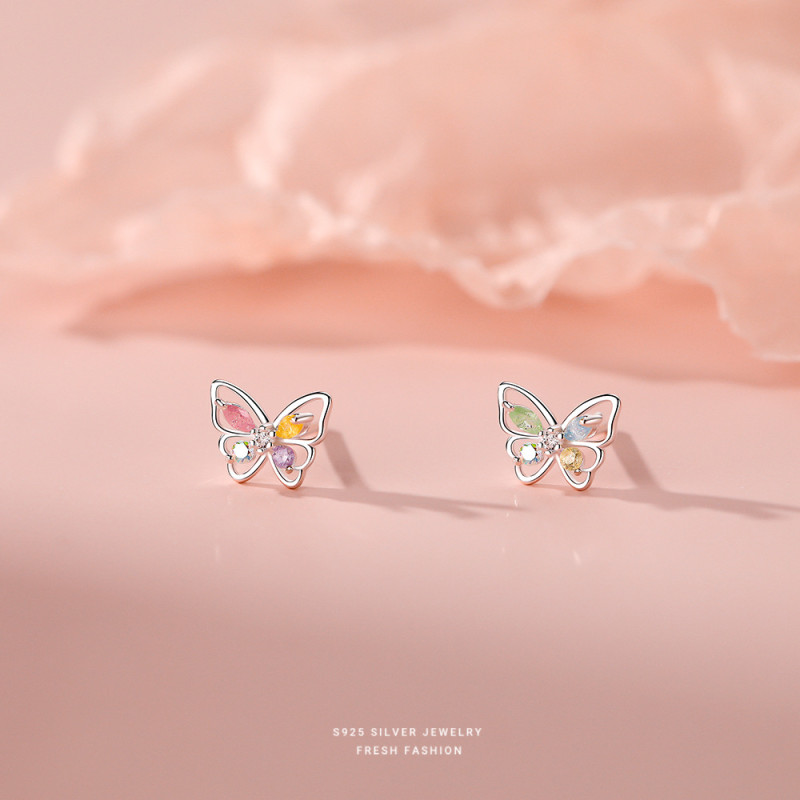 925 Sterling Silver Sparkling Colorful Diamond Butterfly Earrings for Women Sweet Ins Cute Small Mini Gemstone Earrings Wholesale