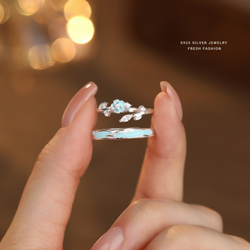 Heartbeat Peach Blossom S925 Sterling Silver Luminous Resin Couple Rings Niche Design Fashion Valentine's Day Gift Hot Item