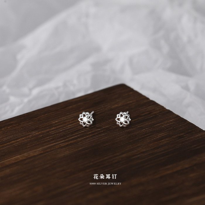 S999 Pure Silver Simple Small Earrings for Women Handmade Forest Style Ear Studs Ear Piercing Jewelry Wholesale