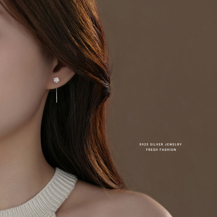 Iridescent White Rose Flower Ear Thread Female S925 Sterling Silver Light Luxury High Sense Sweet Tassel Stud Earrings Elegant Ear Jewelry Dropshipping