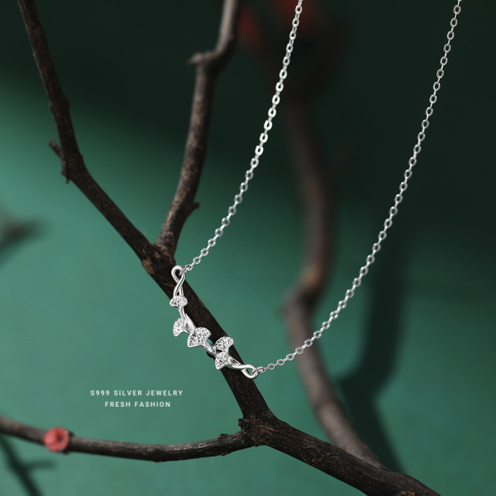 S999 Pure Silver Ginkgo Leaf Necklace Japanese and Korean Style Simple Elegant Leaf Vintage Artistic Short Mother's Day Collarbone Chain