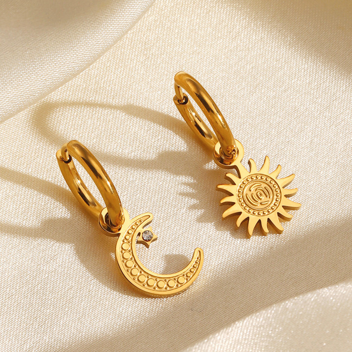 Sun and Moon Stainless Steel Earrings Simple Moon Sun Earrings Asymmetric Rhinestone Drop Earrings High-end Titanium...