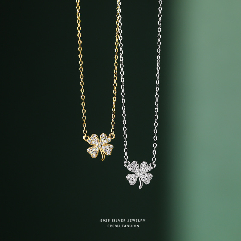 S999 Pure Silver Inlaid Diamond Four-Leaf Clover Necklace for Women, Light Luxury Design, Niche Forest Style, Fresh and Simple, Full Silver Clavicle Chain, Versatile