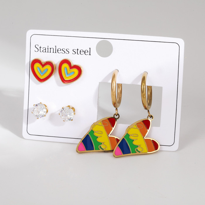 Stainless Steel Earring Set Light Luxury High-End Oil Drop Heart Rainbow Earrings Niche Design Sense Cross-Border Titanium Steel Earrings