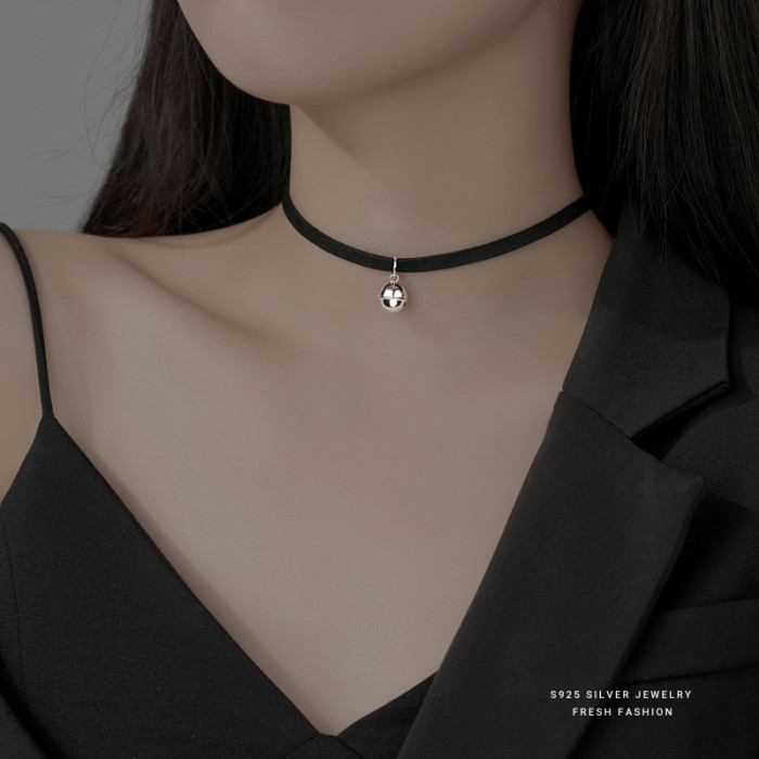 925 Sterling Silver Choker Collarbone Chain Necklace for Women Neck Chain Neck Strap Black Leather Cord Choker Niche Design Ins Trend