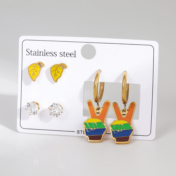 Stainless Steel Earring Set Light Luxury High-End Oil Drop Heart Rainbow Earrings Niche Design Sense Cross-Border Titanium Steel Earrings