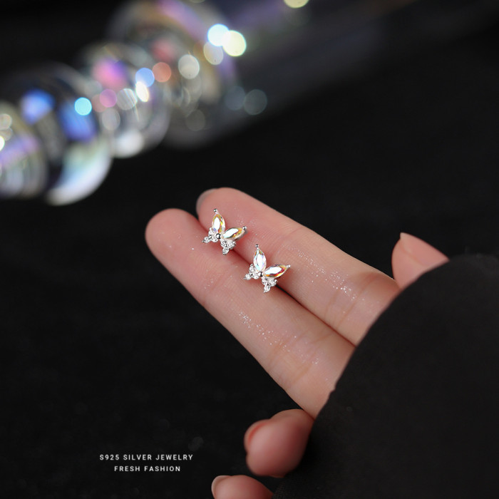 S925 Sterling Silver Colorful Zircon Butterfly Earrings for Women, Seven Colors Super Sparkling Fairy Geometric Earrings, Dropshipping