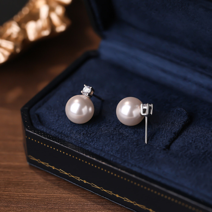 French Retro Shijia Pearl Zircon Earrings for Women S925 Sterling Silver Fashion Versatile Elegant High-end Earrings Wholesale
