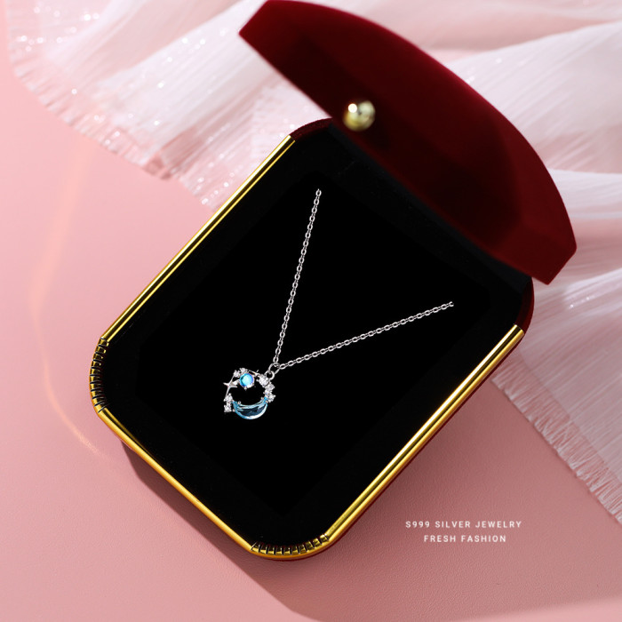 S999 Pure Silver Moon Necklace for Women, Niche Fashionable Elegant Collarbone Chain, Autumn Winter High-Quality Jewelry, Wholesale Birthday Gift