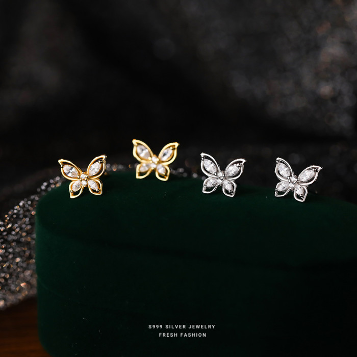 S999 Pure Silver Zircon Butterfly Earrings for Women, Beautiful Sweet Niche Light Luxury High-end Design Cute Elegant Earrings