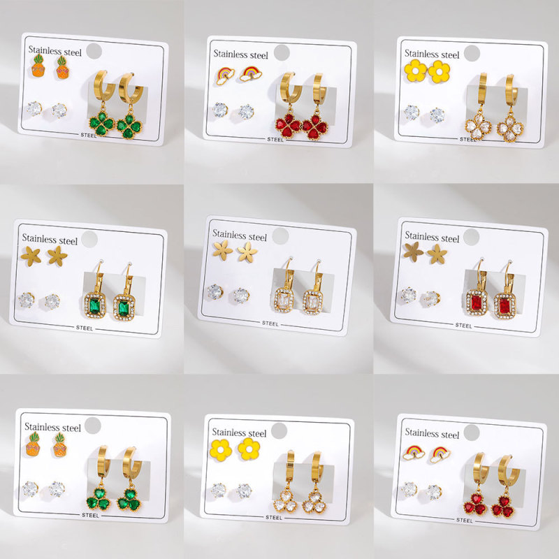 Stainless Steel Earring Set Flower Oil Drop Diamond Earrings Light Luxury High-end Four-leaf Clover Studs Titanium Steel Earrings for Women