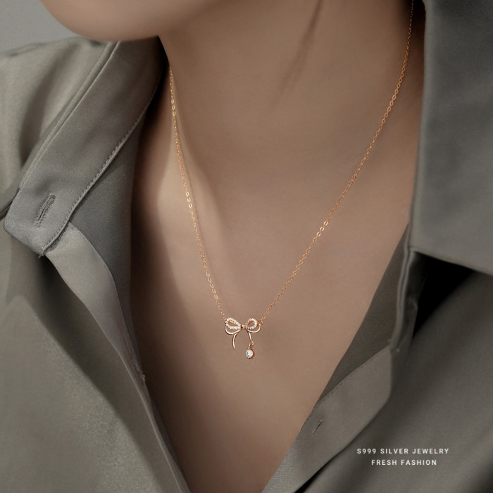 S999 Pure Silver Dynamic Bow Necklace for Women Versatile Light Luxury Niche Pendant Butterfly Dream Collarbone Chain...